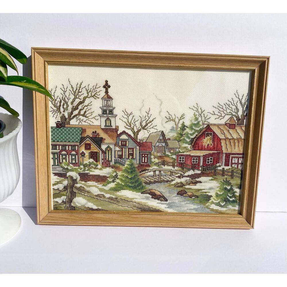 VTG Needle Point Picture of Snowy Cityscape Framed Embroidery - Cottagecore Art